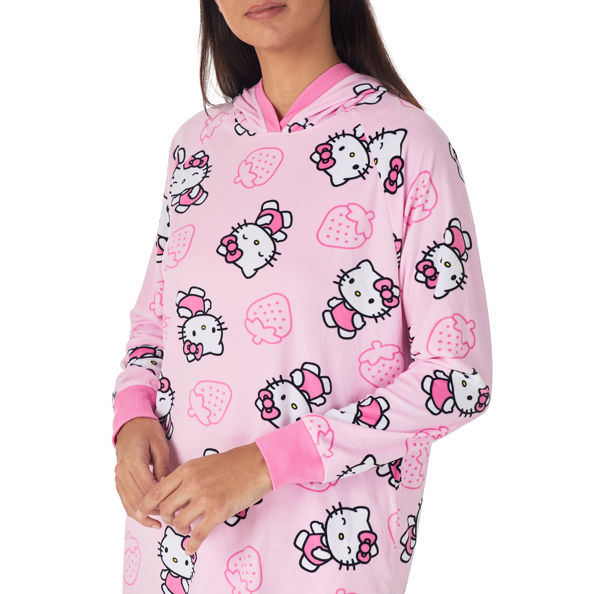 Richard Leeds International Womens Hello Kitty Hooded Pajama Lounger Sleep & Lounge Dress - Super Soft Plushy Cozy & Warm Hoodie Loungewear Pajamas Dresses for Women, Pink Large