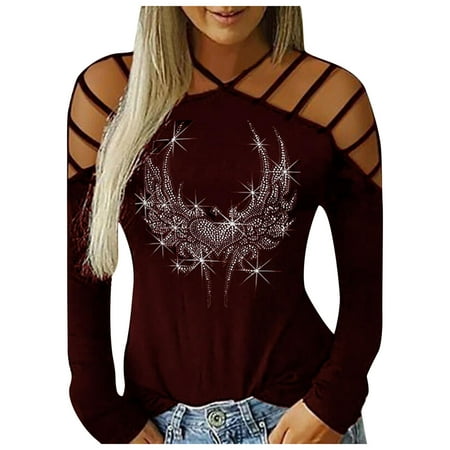 

Women s Fashion Neck Hollow-Out Studded Long Sleeve T Shirts Casual Tops black long sleeve shirt women corset tops for women Red XL