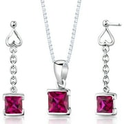 ORAVO 2.75 ct Princess Cut Created Ruby Earring Pendant Set in Sterling Silver