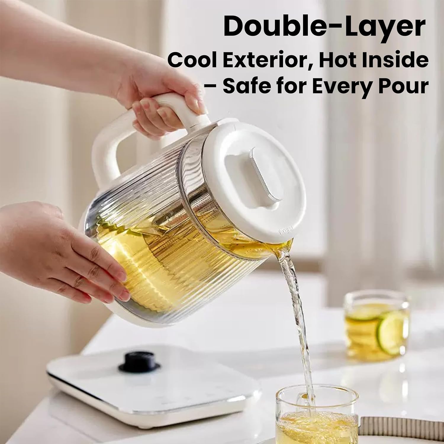 Double-Layer Electric Kettle 1.5L with Stew Pot, 9-in-1 Glass Tea Maker, Programmable Touch Panel, Stainless Steel Base for Soup Porridge Herbal Tea, White