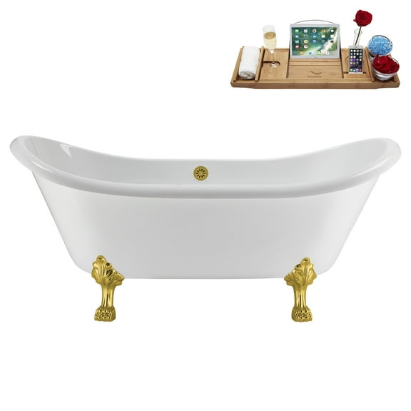 71" Streamline N5100GLD-BGL Soaking Clawfoot Tub and Tray With External Drain in Brushed Gold and Polished Gold Clawfeet