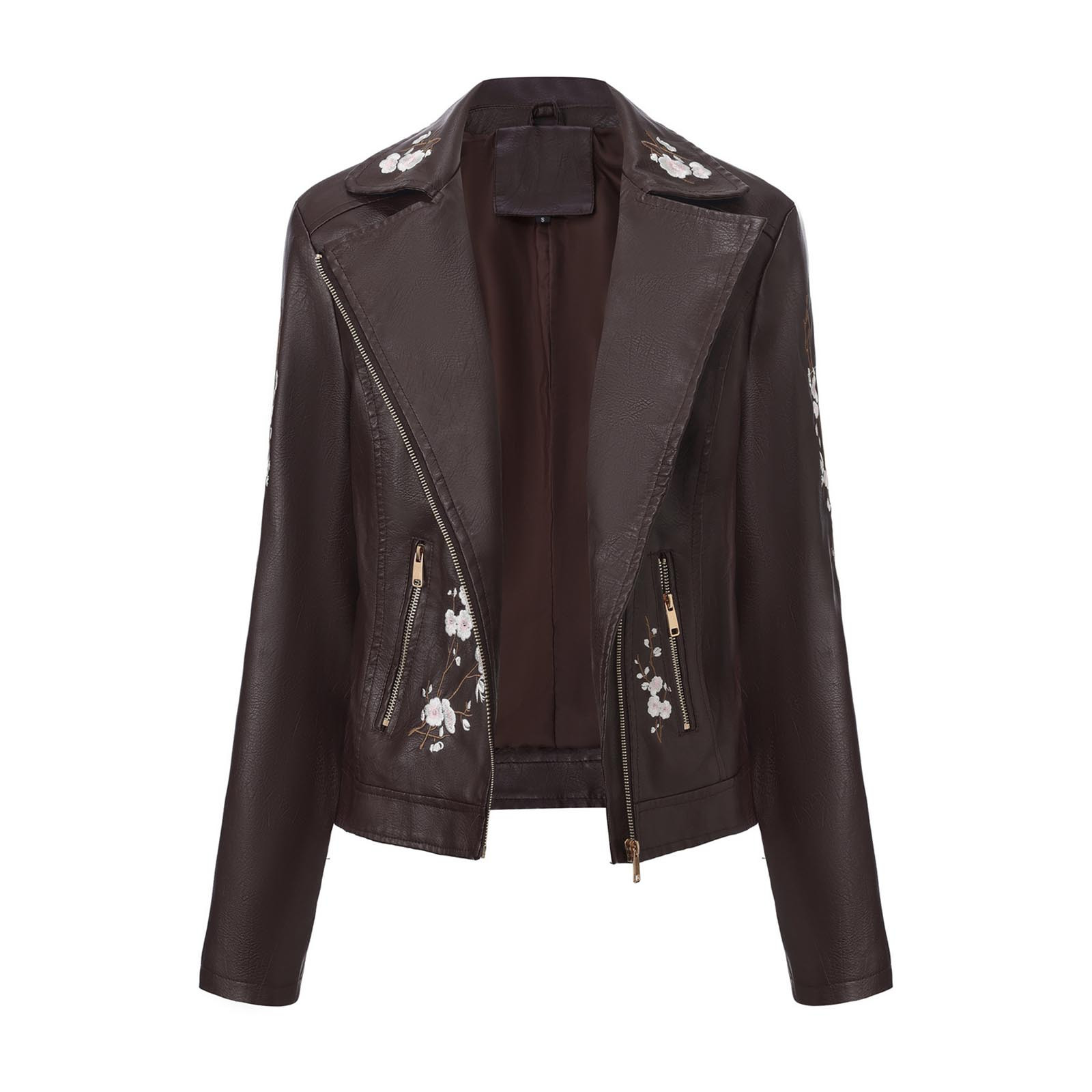 wdsxpo Women Faux Leather Jacket Studded Rivet Floral Moto Biker Coat Embroidered Trendy Lightweight Streetwear Jackets for Women