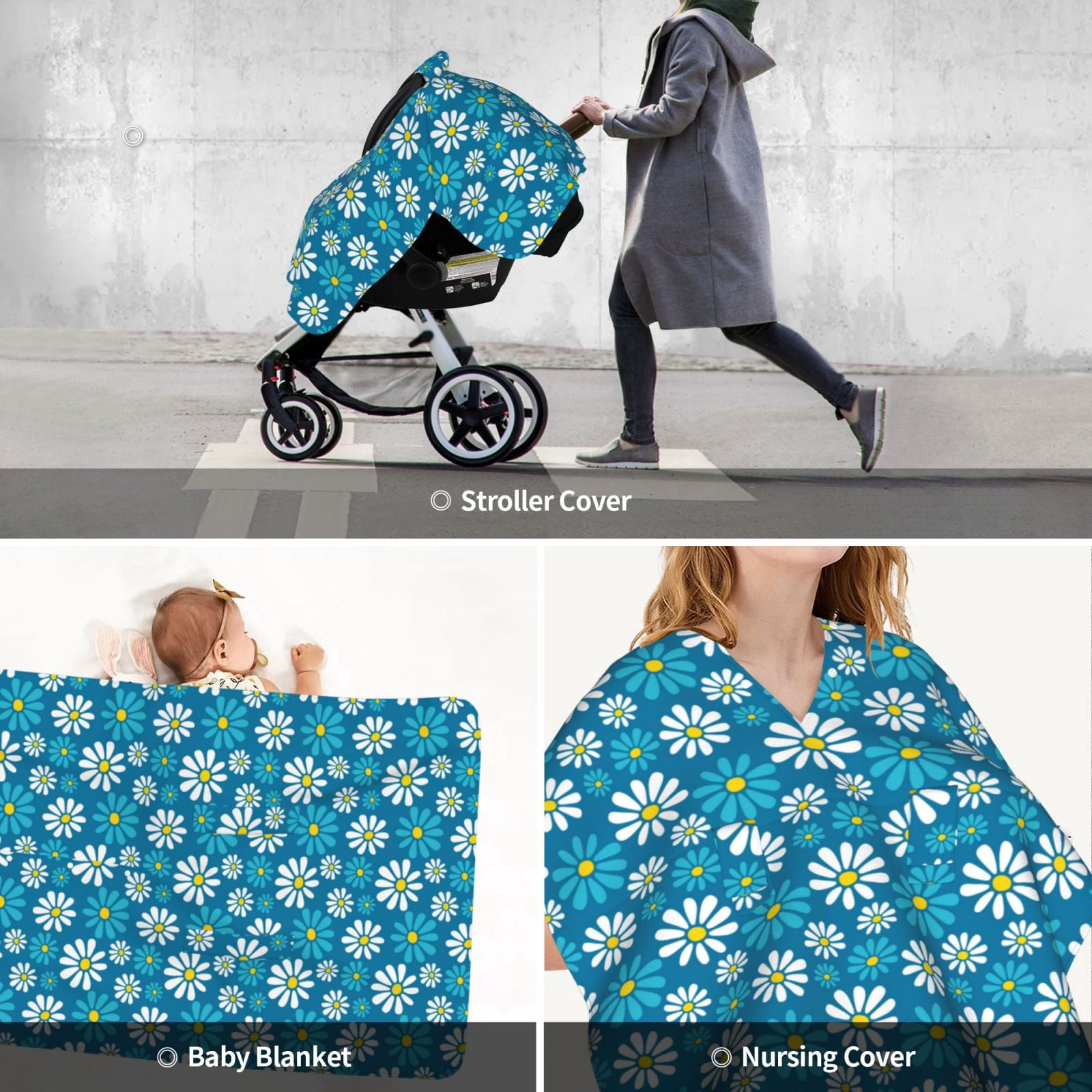 Car Seat Cover Baby - Blue Daisies Flowers Breathable Infant Car Seat Cover for Baby Carseat, Lightweight Comfort Baby Essentials Must Haves Newborn Stuff for Girl Boy