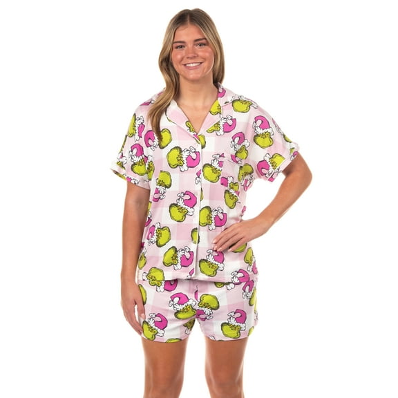 Dr. Seuss The Grinch Santa Pink Plaid Notch Collar Short 2-Piece Sleep Set