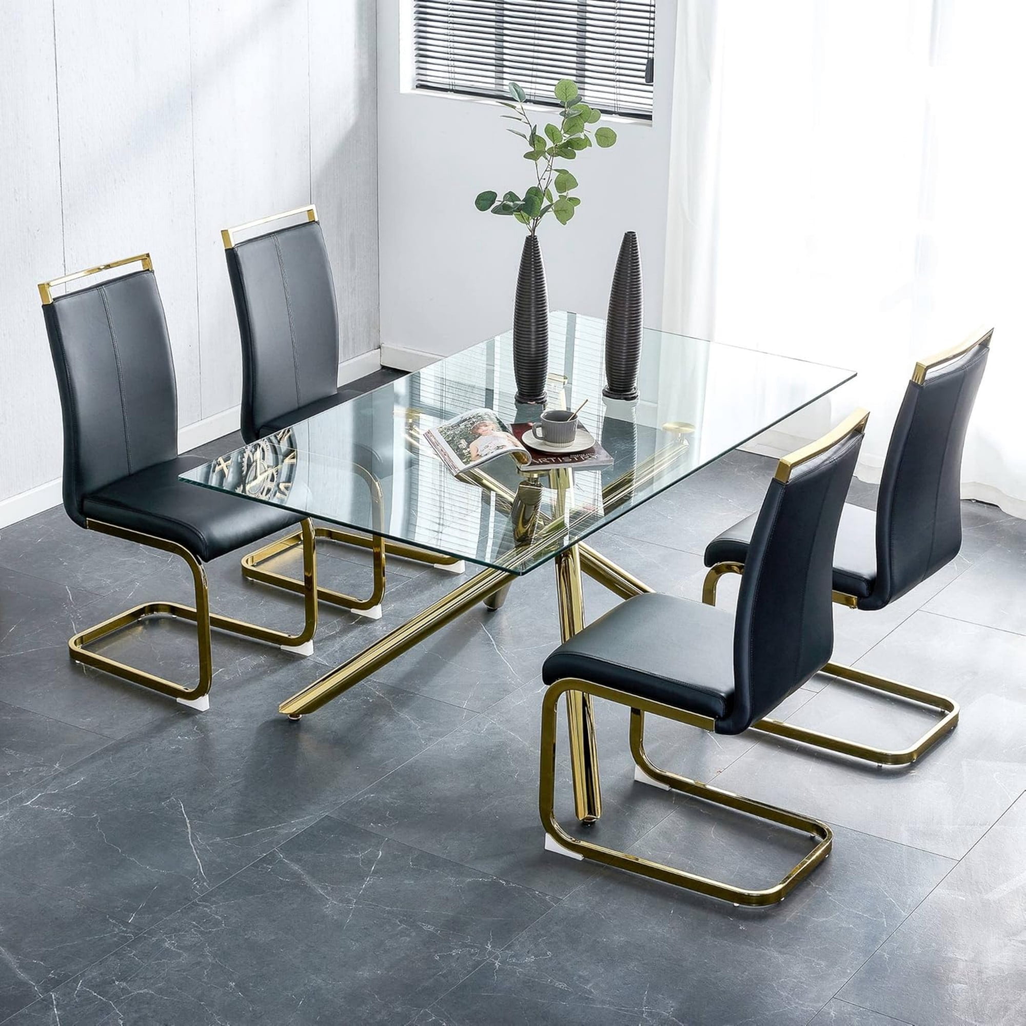 SUDICA Dining Chairs Set of 4, High Back PU Leather Side Chairs with Gold Metal Legs, Black
