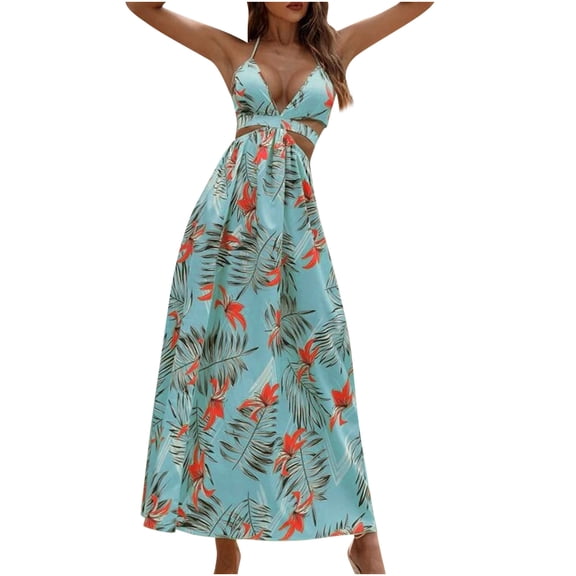 IROINNID A-Line Dress For Women Bohemian Beach Camis Sleeveless V-neck Backless Elastic Long Dress Full-Length Prints Dress