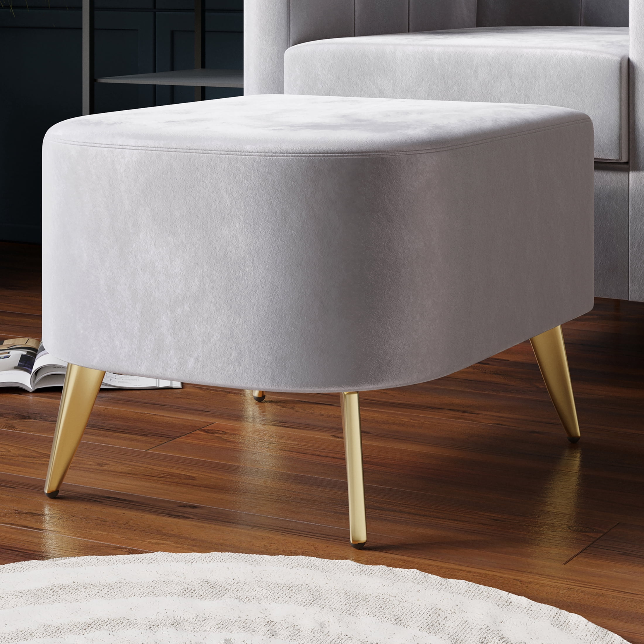 Castle Place Modern Upholstered Velvet Accent Chair with Stool, Silver Grey