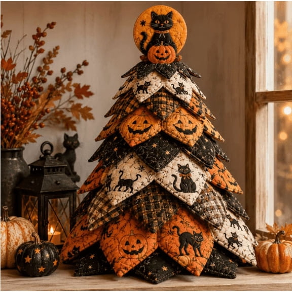 DIY Halloween Quilted Fabric Tree Kit, Ghost Moonlight Patchwork Craft Kit, Quilted Layered Tree for Halloween Harvest Table Decor