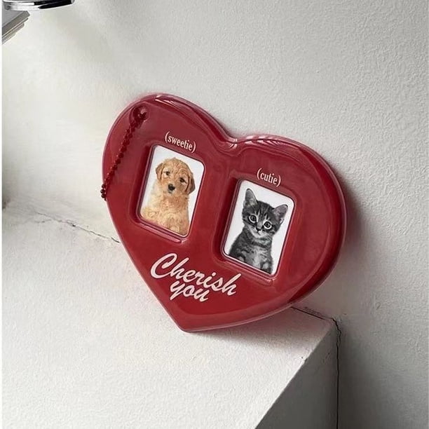 Llavero con foto de identificación de pareja de 2 pulgadas con forma de corazón doble rojo, 13 x 11 cm