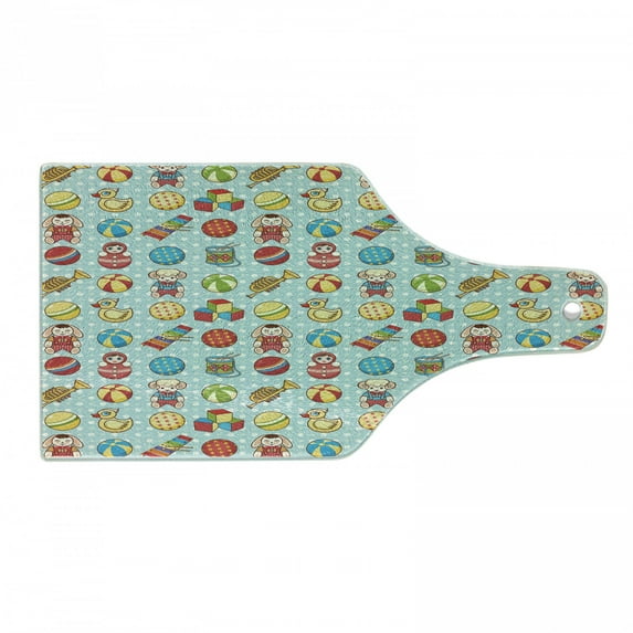 Cartoon Cutting Board, Vintage Old Toys Pattern on Polka Dotted Background Playful Theme, Decorative Tempered Glass Cutting and Serving Board, Wine Bottle Shape, Multicolor, by Ambesonne