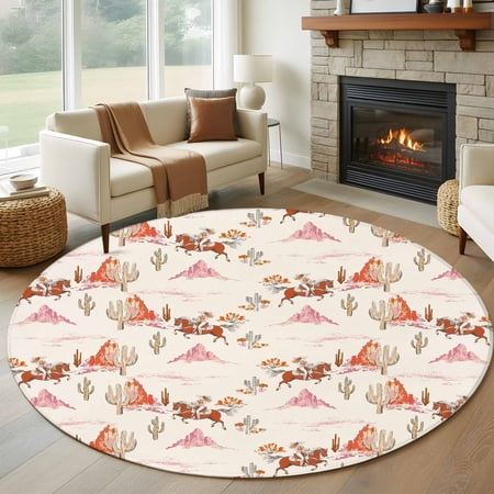 Pink Western Cowboy Round Area Rug 6 FT Non Slip Bedroom Rugs Retro Ethnic Horse Cactus Plants Washable Soft Circular Carpet Non-Shedding Floor Mat for Kitchen Dining Room Home Office Kids Room