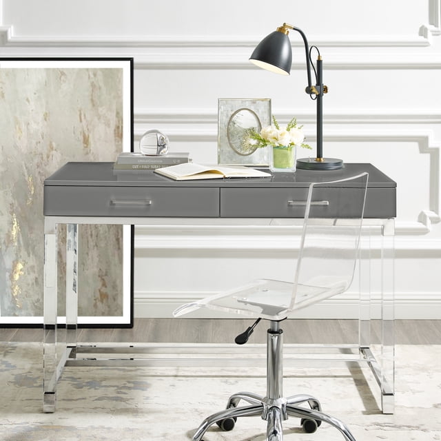 Maximo Dark Grey Chrome Writing Desk - High Gloss Finish, Acrylic Leg, Stainless Steel Base, 2 Drawers