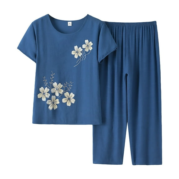 BLOCLOALO 2 Piece Lounge Set Short Sleeve Shirts Women's Summer Cotton and Linen Breathable and Comfortable Pants Two Set Elderly Floral Print Suit Casual Sets Trendy Lounge Sets Blue Xxl