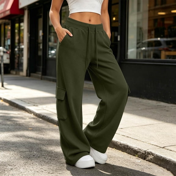 Women's Cargo Sweatpants High Waist Wide Leg Drawstring Baggy Fleece Lined Pants Casual Athletic Joggers with Pockets L