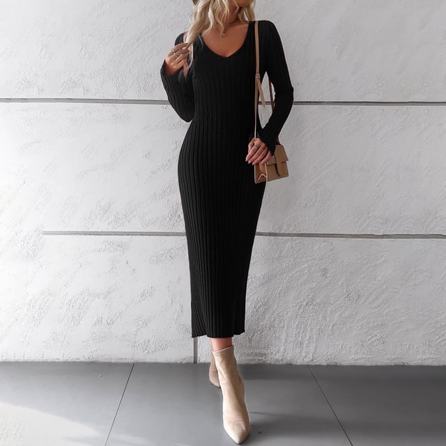 Vestido ajustado con cuello en V Color sólido Mujer Estilo elegante Traje diario Ygjytge Negro T L para Mujer