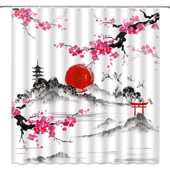 Asian Shower Curtain Japanese Cherry Blossom Ink Mountains Tradition Watercolor Abstract Art Fabric Bathroom Curtain Set with Hooks(84" Wx72 H)