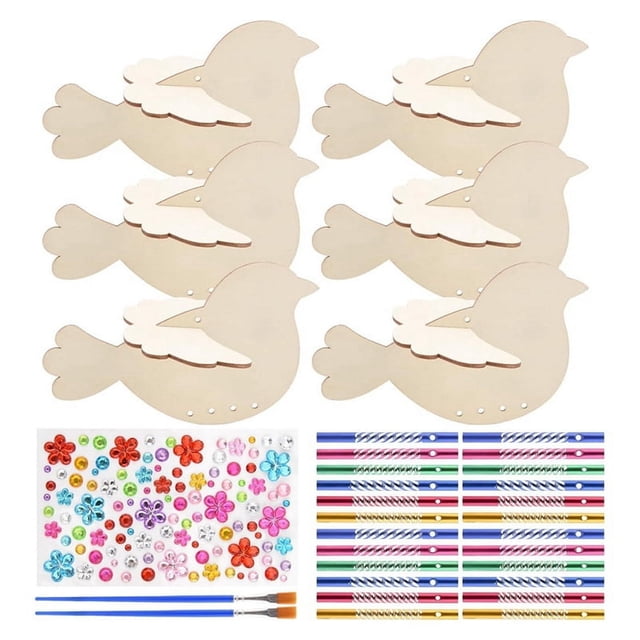 Paquete de 6 Kits Manualidades de Carillón de Viento de Pájaros en 3D para Niños, Juego Manualidades de Animales Madera para Pintar y Construir, Regalos Cumpleaños para Niñas/Niños
