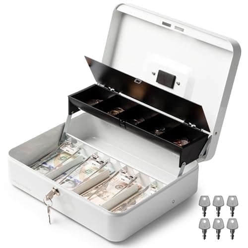 Volcora Large Cash Box with Key Lock, Metal Money Box for Cash, Portable Locking Safe Box with Money Tray, Durable Money Saving Organizer for Yard Sale, Garage Sale, Small Business, White