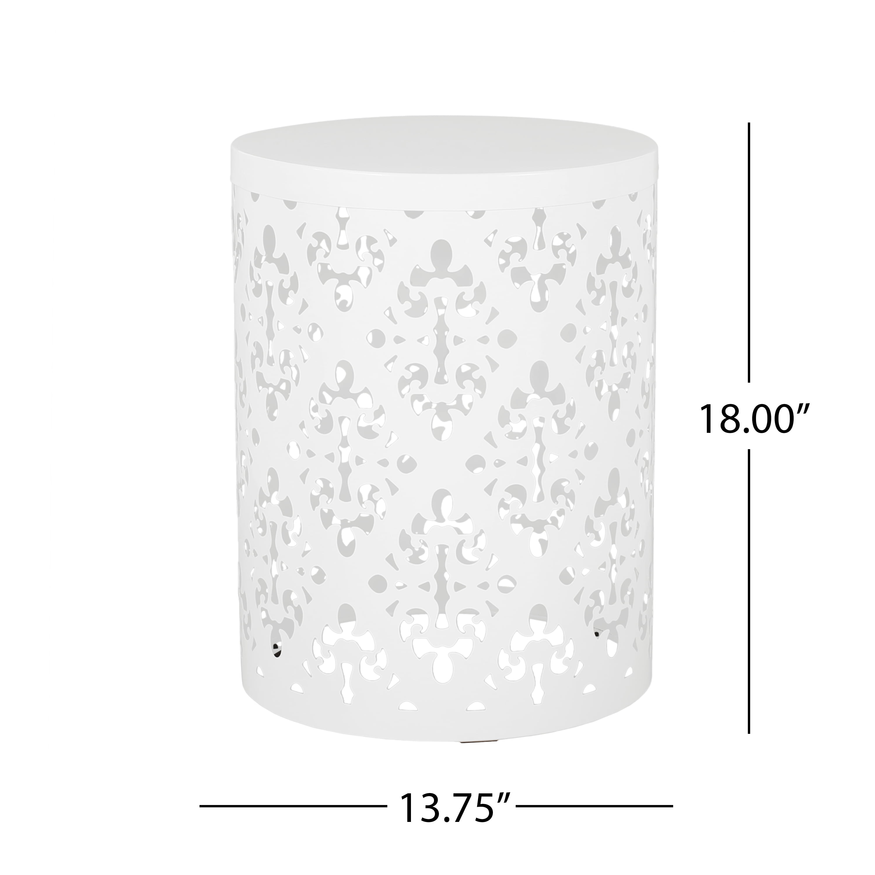 Outdoor Large Cylindrical Side Table, Floral Pattern Hollow Out Iron Tabletop for Patio Garden, White