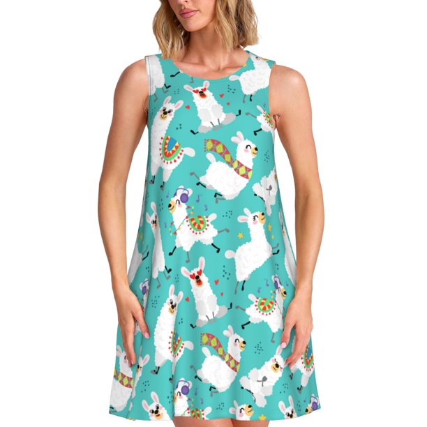 Easygdp Cartoon Llamas para Vestido Transpirable de Mujer, Vestido Suelto de Manga Corta con Pliegues y Bolsillos para el Verano