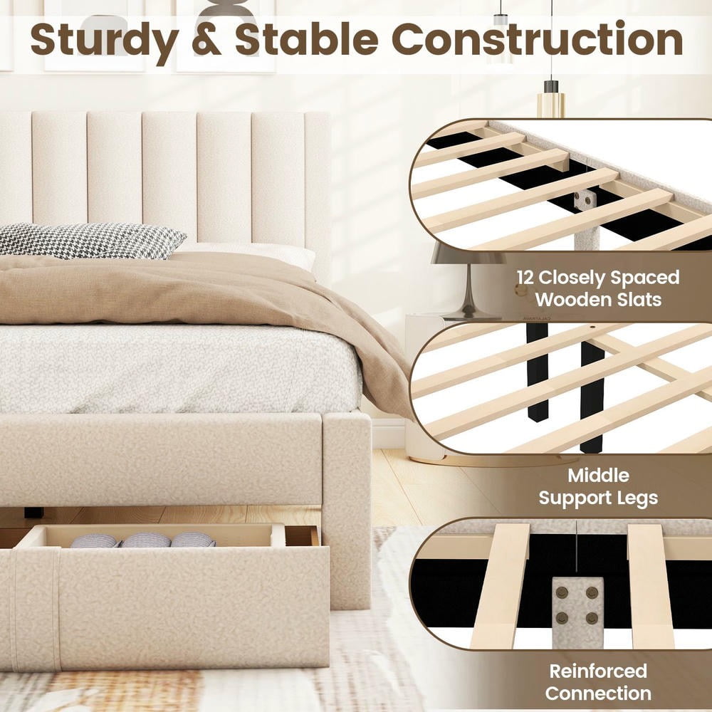 Barara King Queen Size Bedroom Bed Frame with Storage Drawer and Vertical Channel Headboard, Bed Platform Frame for Bedroom, Apartment, Beige