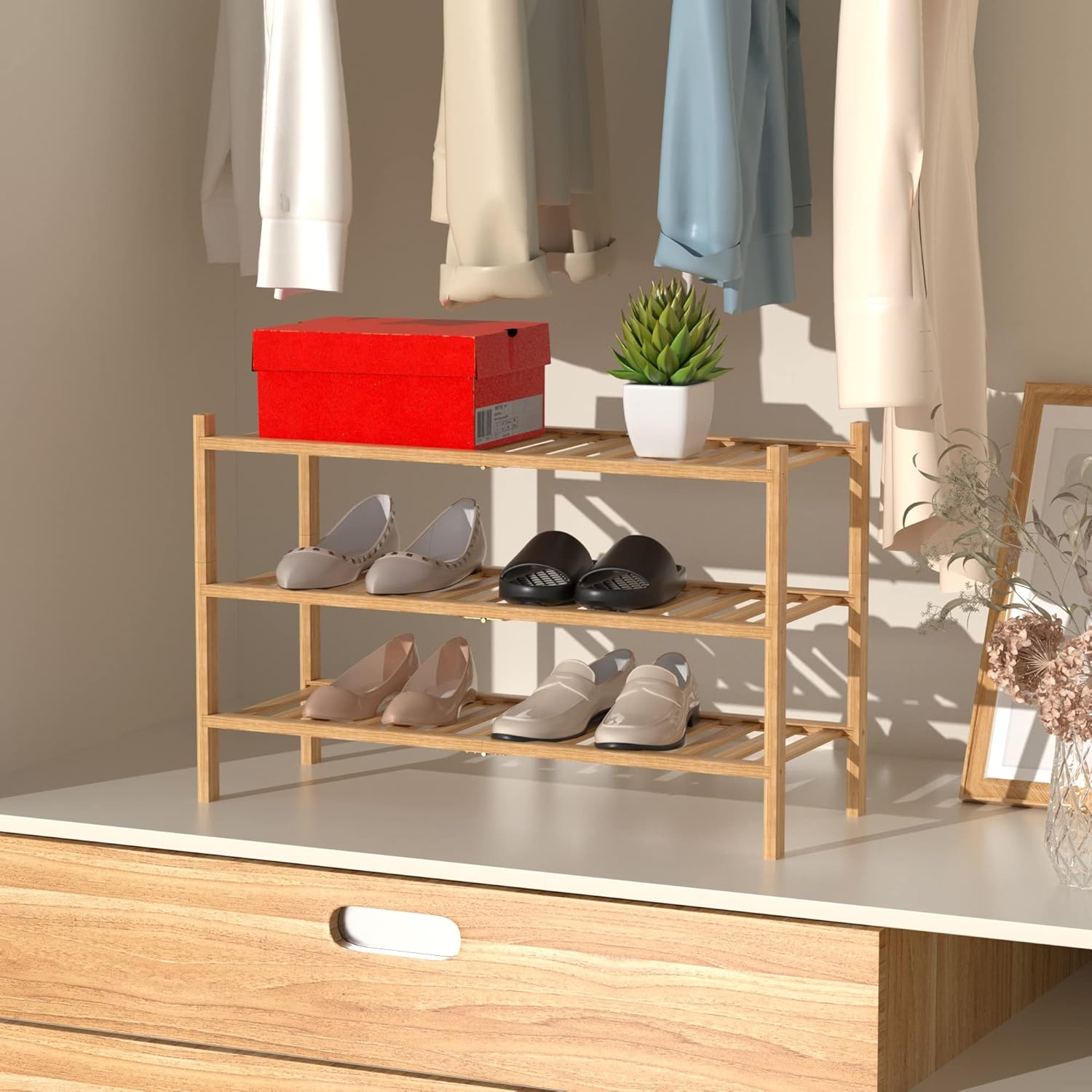 Bamboo 3 Tier Shoe Rack Wood Shoe Shelf Storage Organizer for Closet, Entryway, Small Space & Front Door Entrance Free Standing Stackable 27"x11"x20" (68.58cm x 27.94cm x 50.8cm) (Natural)