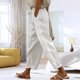 thumbnail image 4 of Pantalones Rectos Casuales Cordón Cintura Elástica Bolsillo Color Puro Pantalones Rectos Sueltos para Mujer Lady Girl Blanco M, 4 of 6