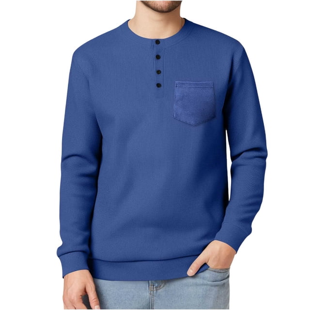 LAJPXKHY Men's Long Sleeve Tops Button Round Neck Loose Casual Comfy Basic Shirts Fall Solid Color Top with Pockets