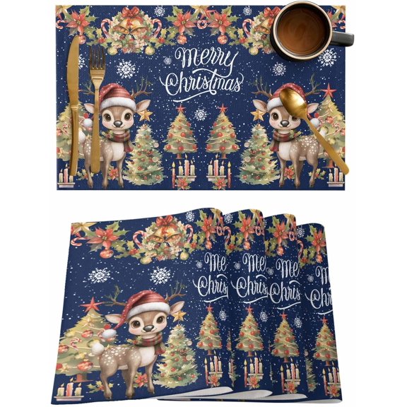 Placemats Set of 6, Cotton Linen Heat Table Mats Non-Slip Washable Christmas Tree Winter Deer Garland Bell Poinsettia Dark Blue Placemat for Holiday Banquet Dining Kitchen Table Decor
