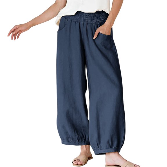 Xuyuer Women's Casual Loose Solid Shirred Elastic Waist Wide Leg Long Pants with Pockets - Relaxed Trousers, Pants for Women