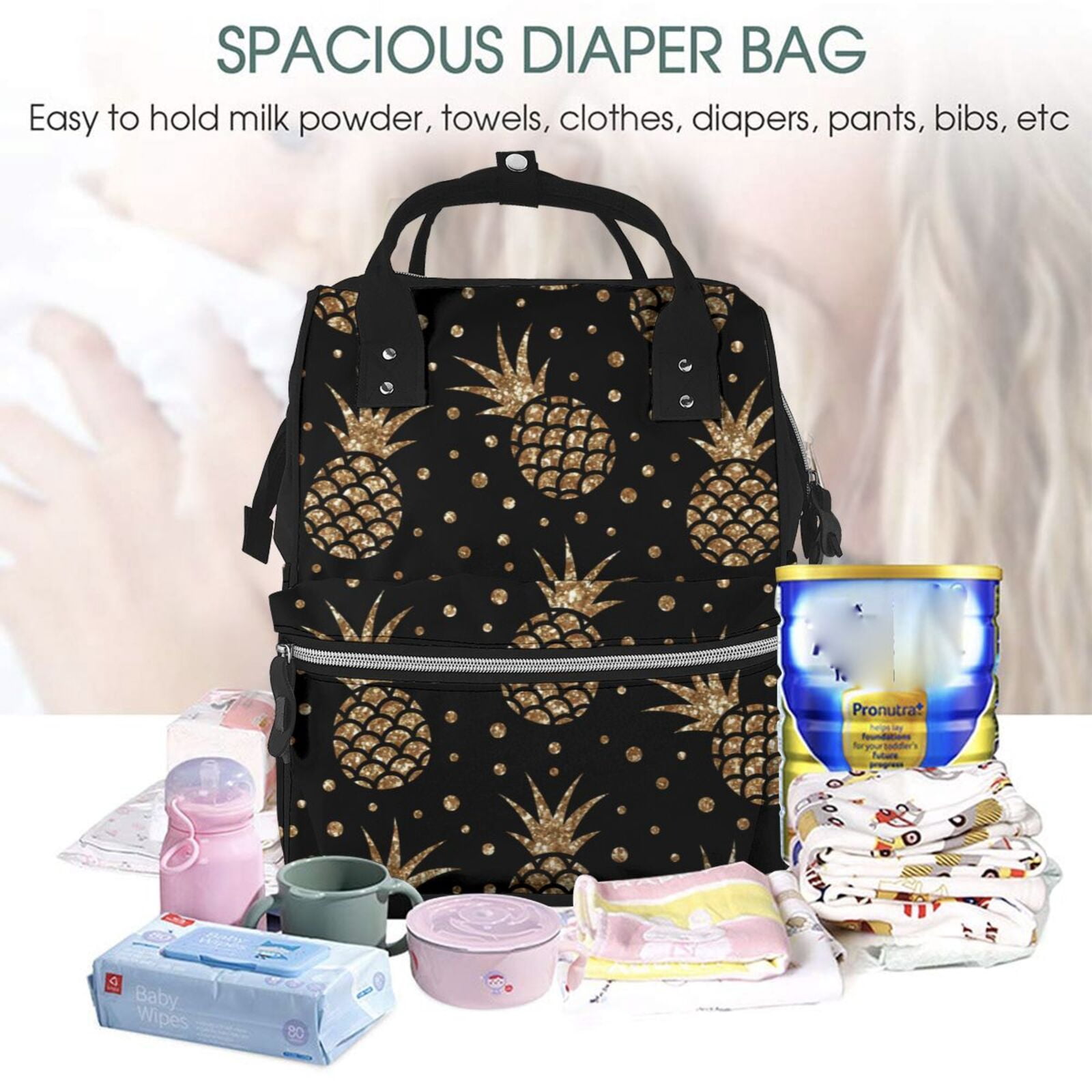 Fuzoiu Gold Glitter Pineapples Print Diaper Bag Backpack,Baby Essentials Travel Tote,Multi function Waterproof Diaper Bag, Travel Essentials Baby Bag - Unisex