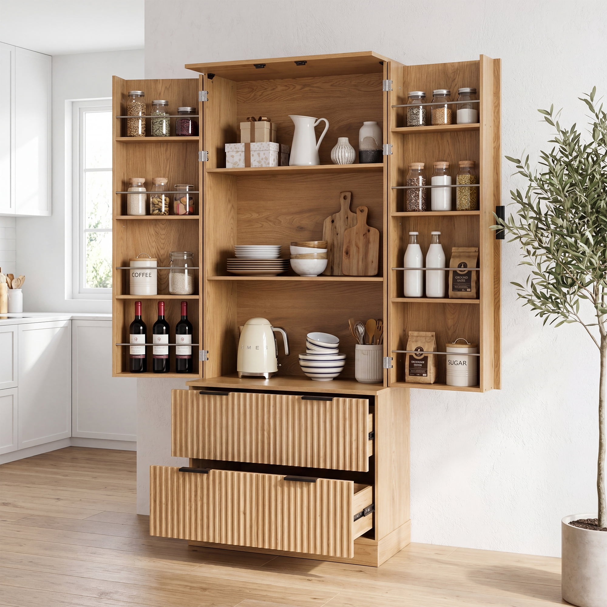 Mintazer 72" Modern Fluted Freestanding Kitchen Pantry Storage Cabinet with 2 Door & 2 Drawers, Large Storage Hutch with 8 Spice Door Racks for Kitchen Dining Room Bathroom, Natural