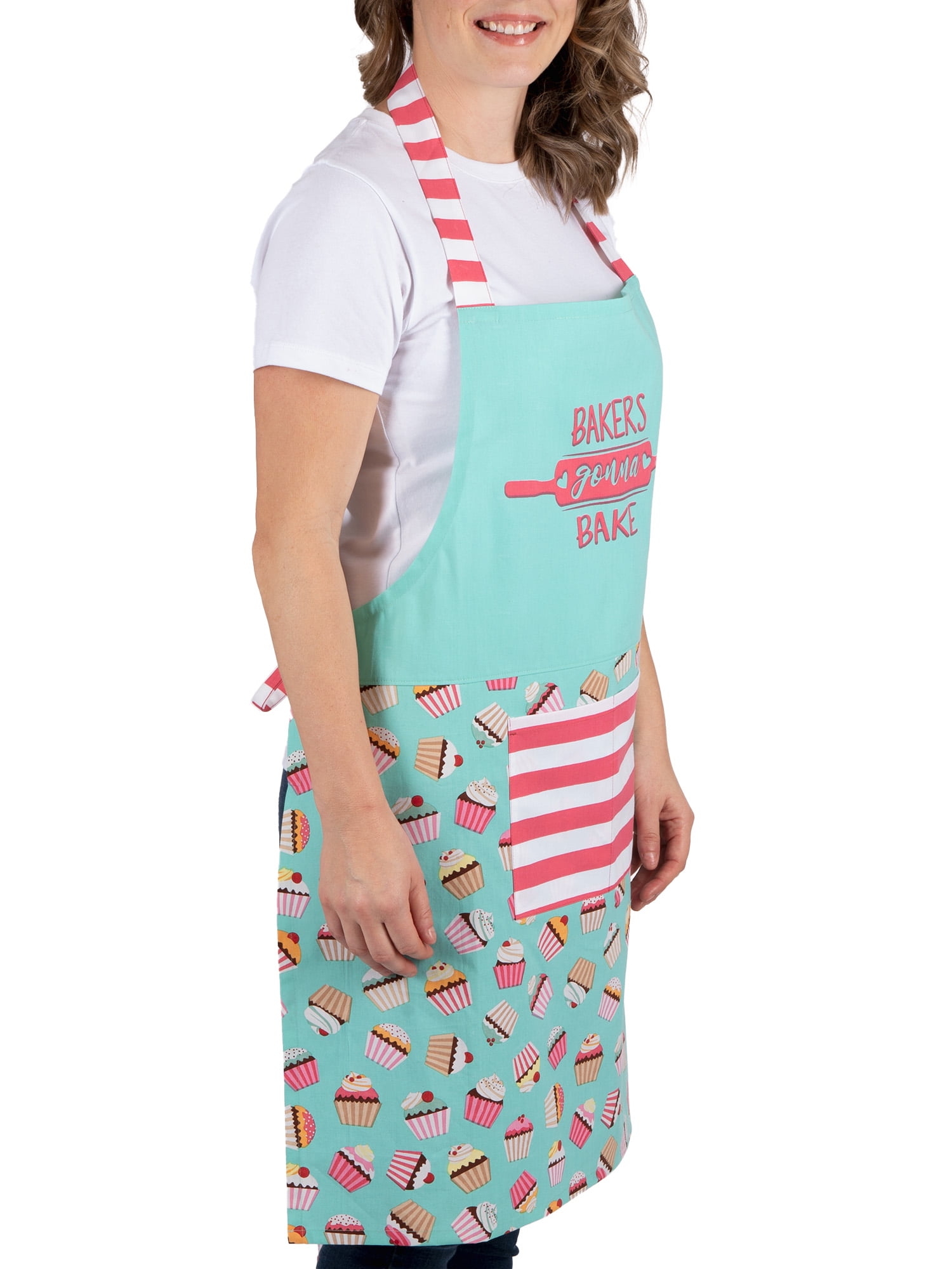 Mainstays Chef Kitchen Apron, 28" x 32" Cupcake Cotton Bib Apron with Pockets for Cooking, Baking, Gardening in Turquoise