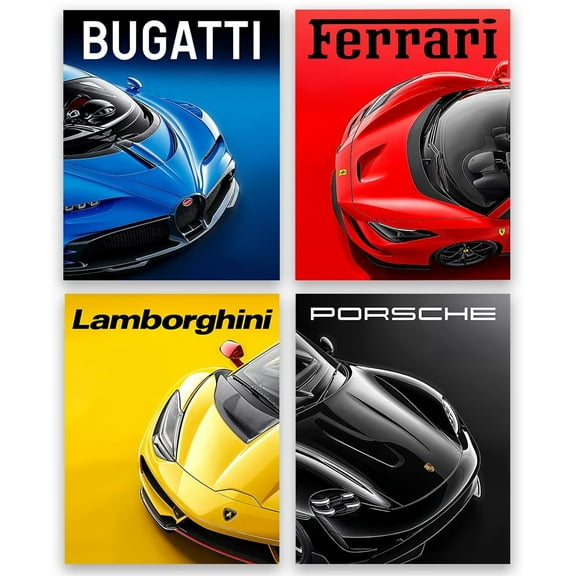 Sports Car Poster Set of 4-8x10 Unframed Posters for Car Enthusiasts, Vibrant Racing Car Wall Art, Automotive Posters for Boys Room, Men’s Garage, Living Room, Bedroom, & Car Room Decor