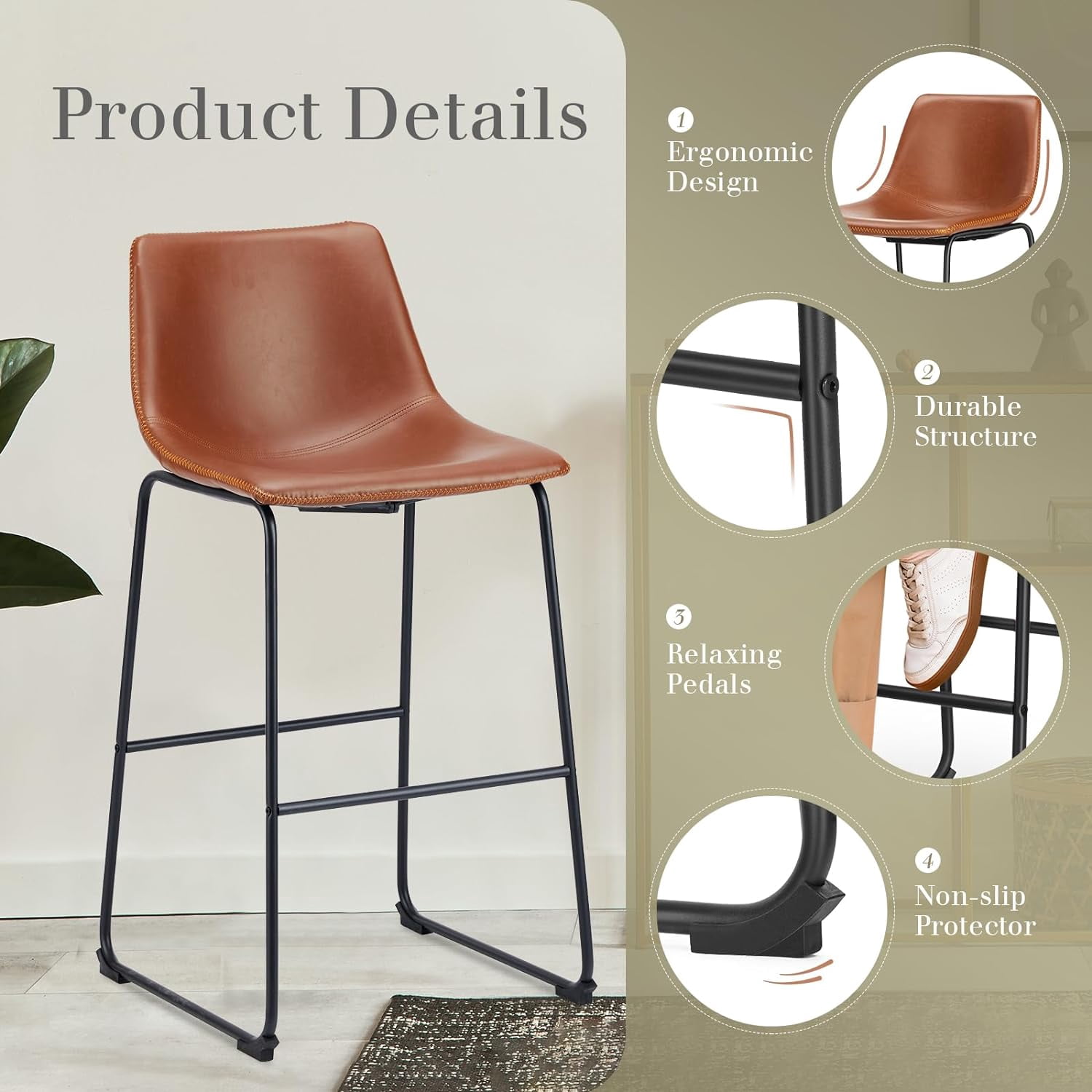 MAYEERTY 30 Inch Barstools High PU Leather Counter Bar Stool with Back and Footrest Set of 2, Brown