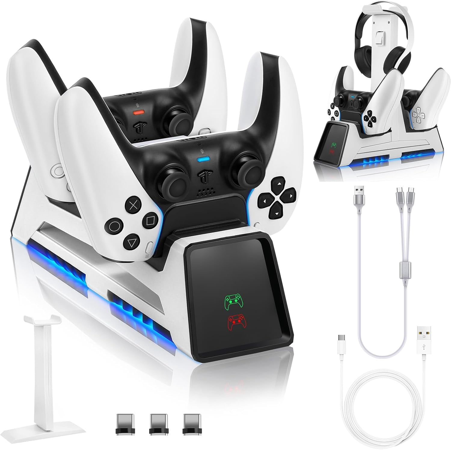3 in 1 Controller Charging Station for PS VR2 / PS5 / PS5 Edge with 5V/3A Adapter & Led Light, Wireless Controller Charger Dock for Playstation 5, Charging Stand with VR2 Headset Holder