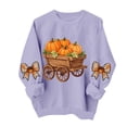 thumbnail image 4 of DeeHomeMo Pumpkin Harvest Cart Print Women Pullover Sweatshirt Wide Round Neck Long Sleeve Regular Fit Bow Applique On Sleeves For Fall Daily Casual Outing Purple,XL, 4 of 5