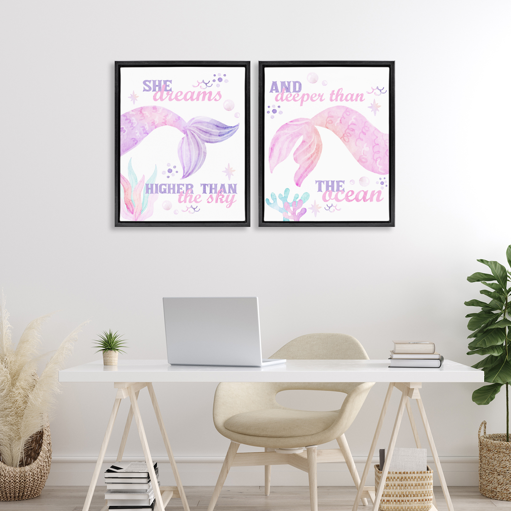Mermaid Dreams Ocean & Sky 2 Piece Black Framed Floater Canvas Set, design by Kim Allen