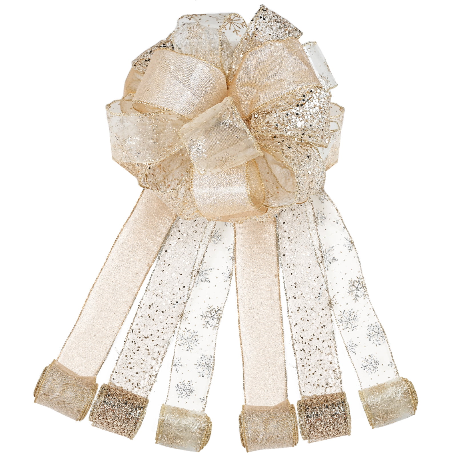 LoomJoyz Christmas Tree Topper Bow Champagne Gold Glitter 11 Inch, 6 Streamer Tails, 3 Yards Long For Party Home Holiday Decoration