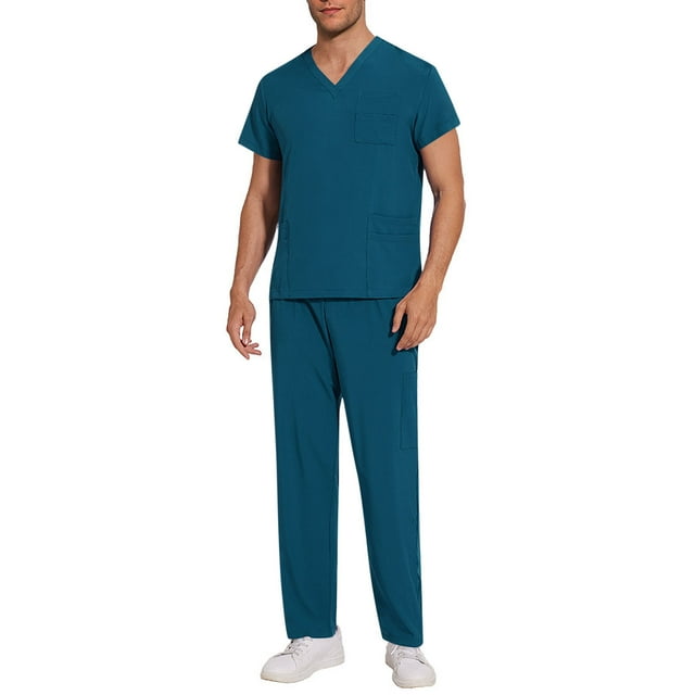Bocqde Scrubs Set for Men - Classic V-Neck Stretch Top & Straight Pants Drawstring with Pocket, Elastic Waistband