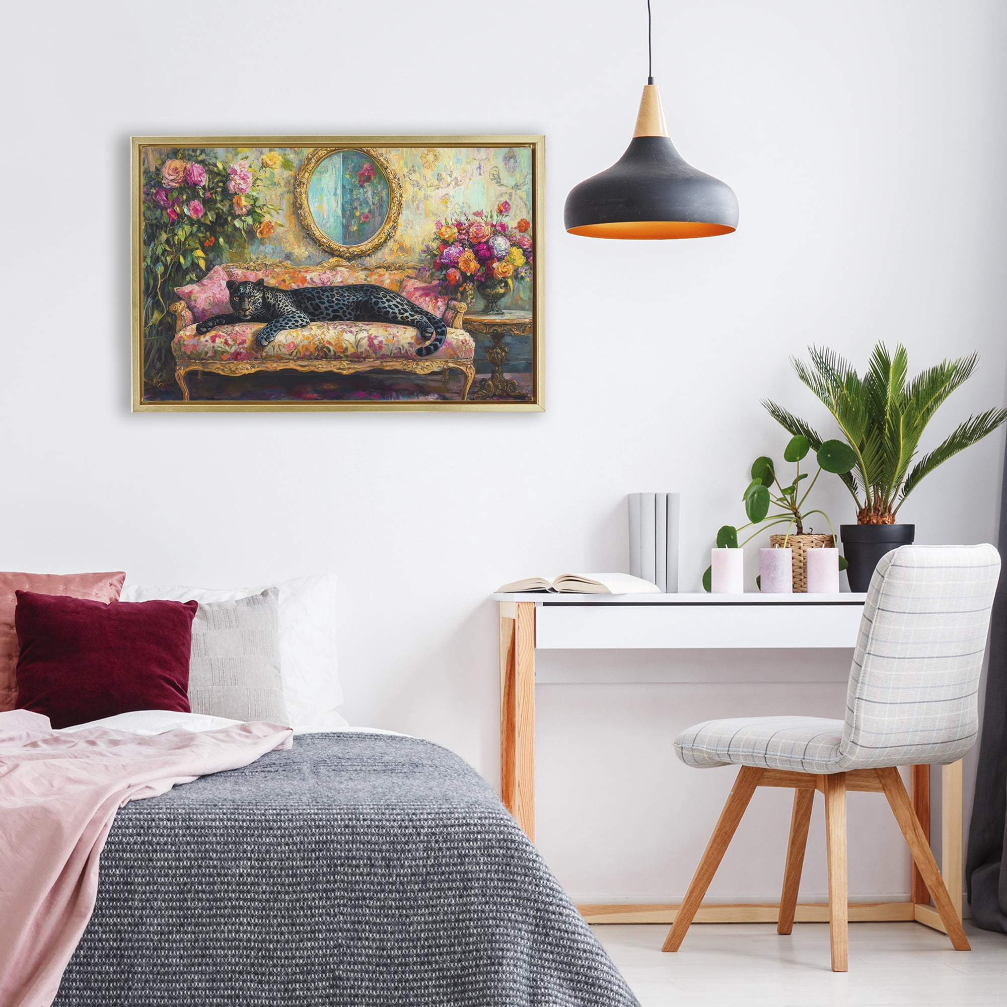 Stupell Industries Lounging Leopard on Floral Sofa Gold Framed Floater Canvas Wall Art, design by Petal Prints Design