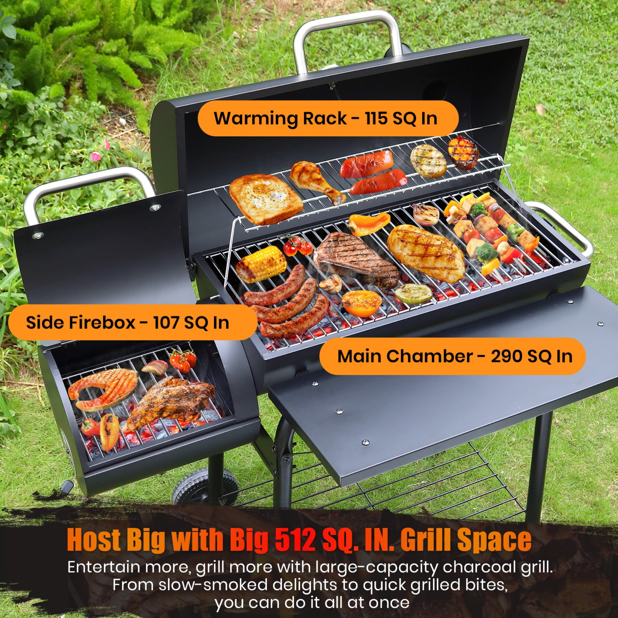 laraVist Charcoal Offset Smoker Grill, Dual-Zone BBQ with Thermometer & Wheels, Family-Size 512 sq.in