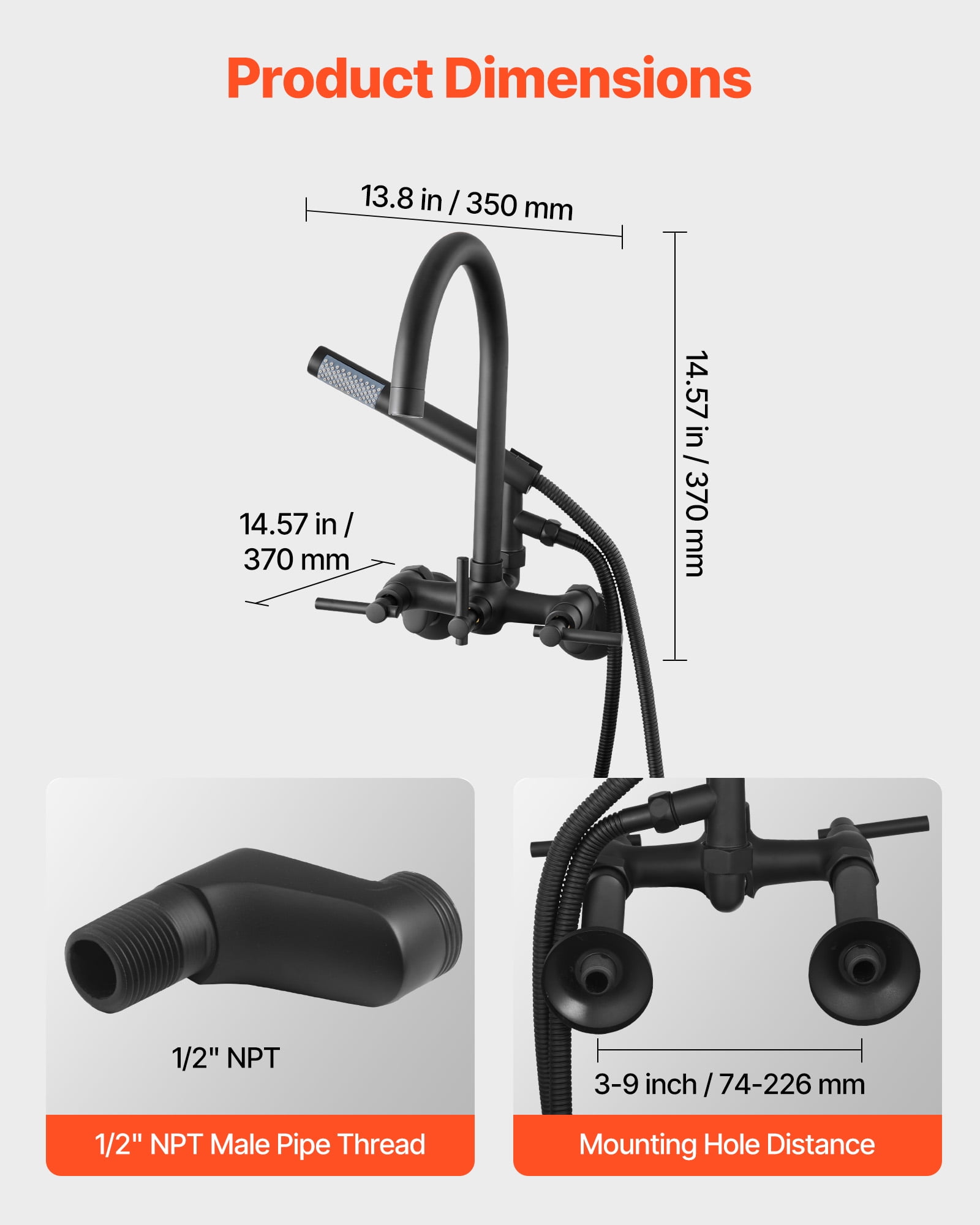 VEVOR Clawfoot Tub Faucet, Wall-Mounted Bathtub Faucet with Handheld Shower, Vintage Matte Black Clawfoot Tub Filler Shower Kit with Adjustable Swing Arms & Rotatable Gooseneck Spout for Bathtubs