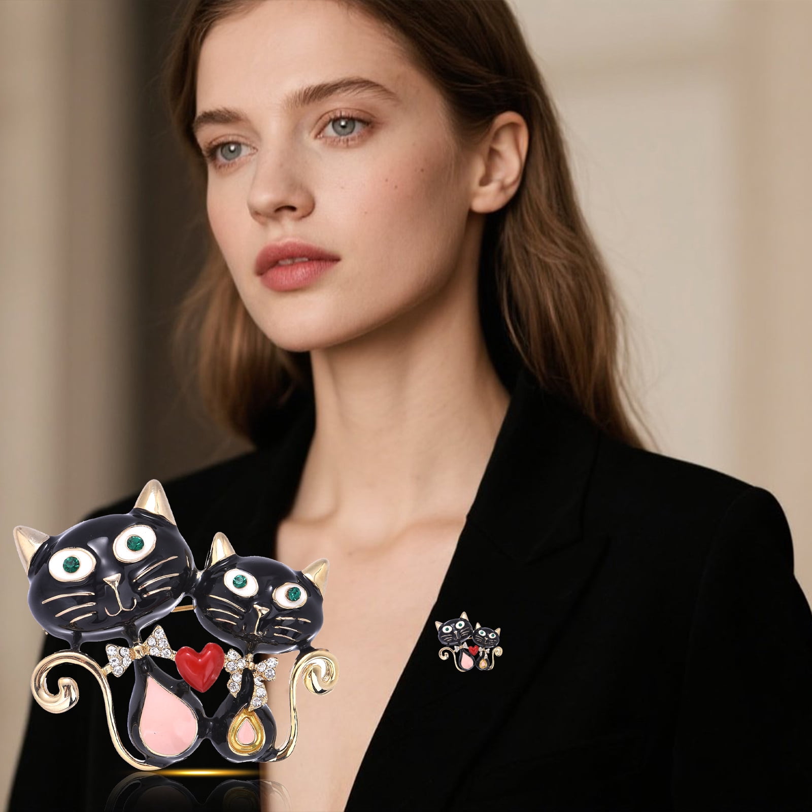 Double Cat Heart - Shaped Lapel Pin for Women, Animal - Themed Jewelry Gift for Women