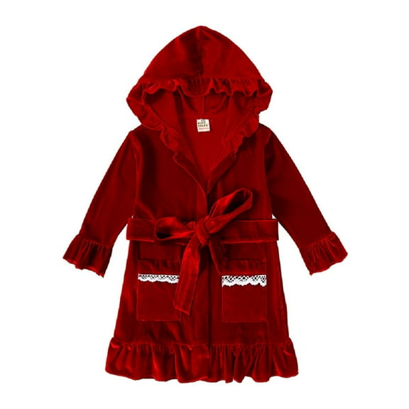 Godderr Girls Boys Hooded Silk Pajamas Bathrobe for Kids Toddler Baby Ruffle Collar Solid Color with Pocket Stain Pajamas for 9M-9Y Fall Winter Robe Bathrobe