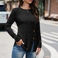 thumbnail image 3 of Suéter de punto de manga larga a rayas de otoño/invierno con cuello redondo, un botón y abertura lateral, negro, talla L, 3 of 6