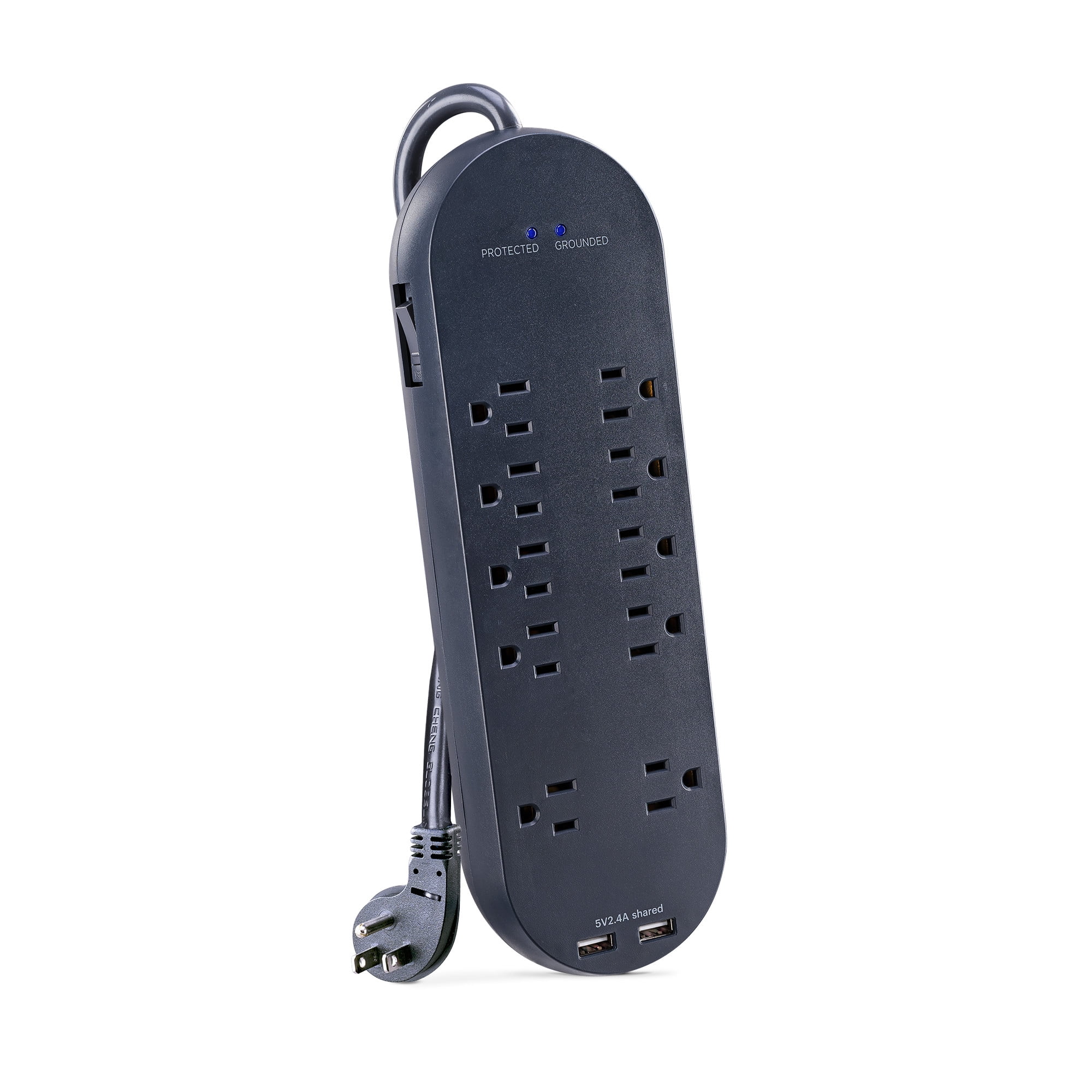 onn. Gray Surge Protector with 10 Outlets, 3300 Joules and 2 USB Ports