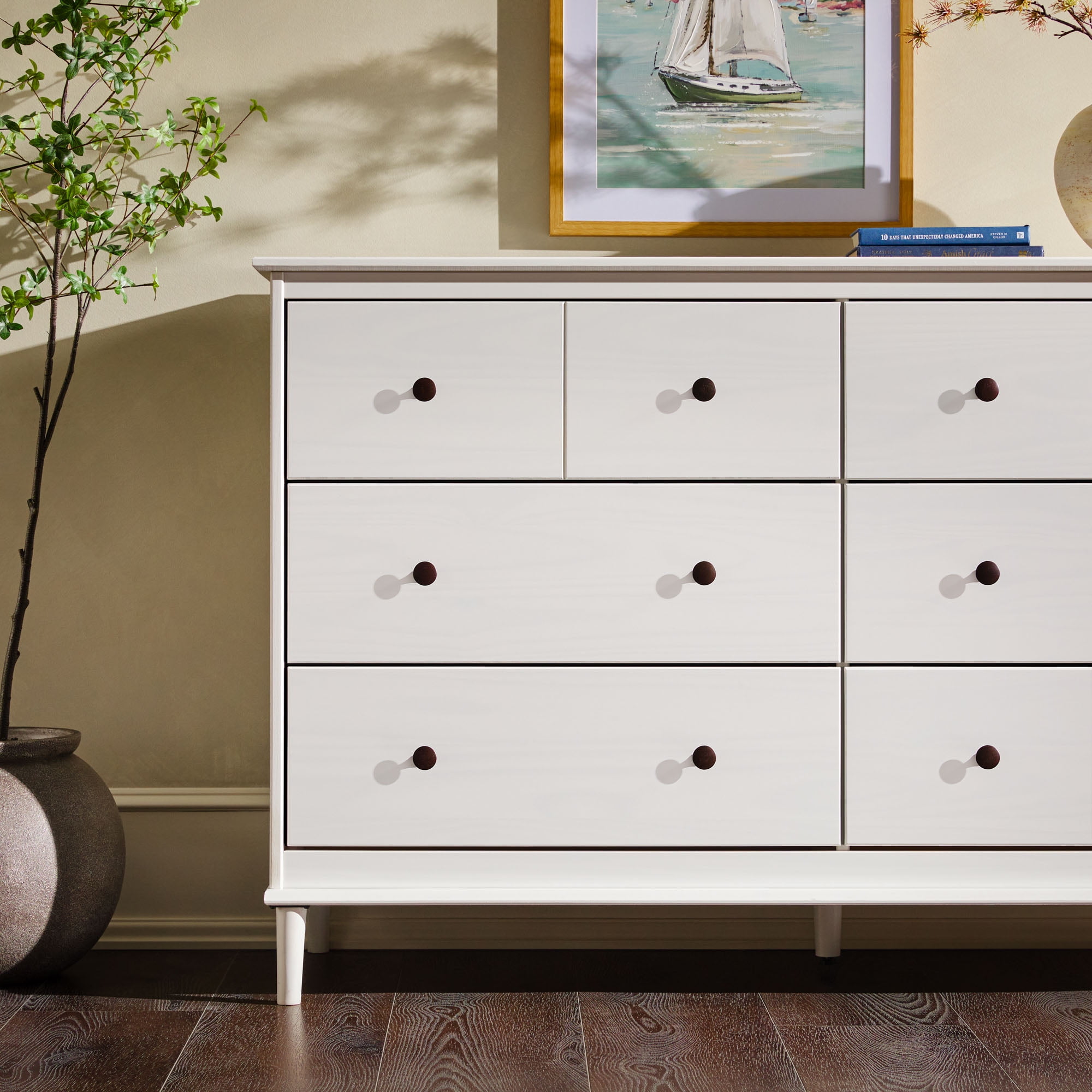 Walker Edison Mid-Century Modern 6-Drawer Solid Wood Dresser, White