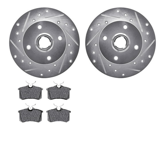 Dynamic Friction Company Rear Brake Rotors-Drilled and Slotted-Silver with 5000 Advanced Brake Pads 7502-74005