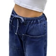 thumbnail image 3 of Elastic Waist Women Drawstring Mid Rise Wide Leg Long Denim Pants Jeans with Pocket, 3 of 5